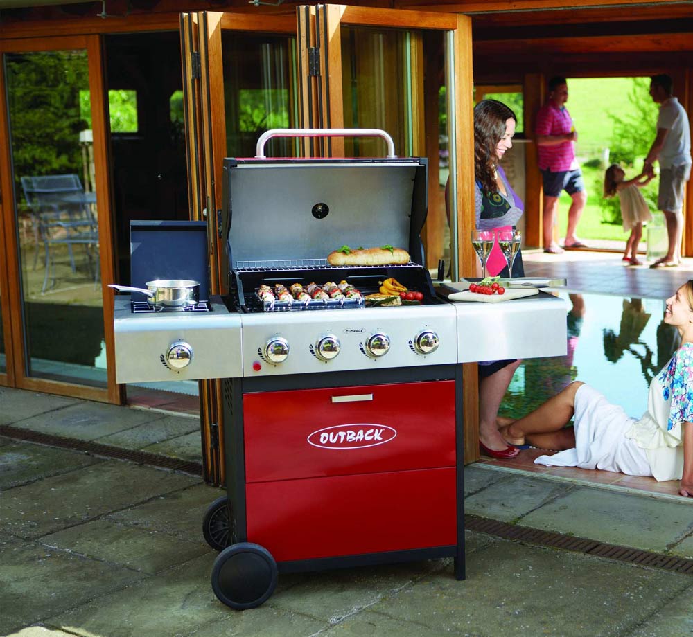 Outback Meteor 4 Burner Gas BBQ Red Hooded